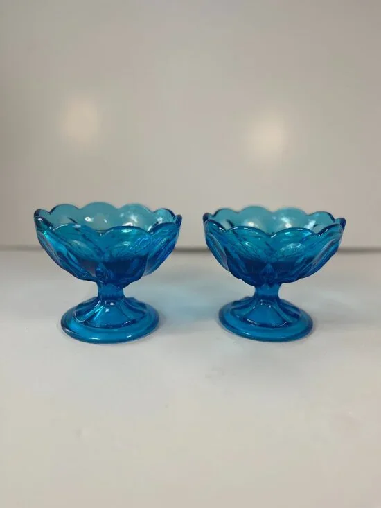 Anchor Hocking Blue Fairfield Pedestal Compote Dishes 70s Vintage Bohemian Glass - Picture 3 of 11